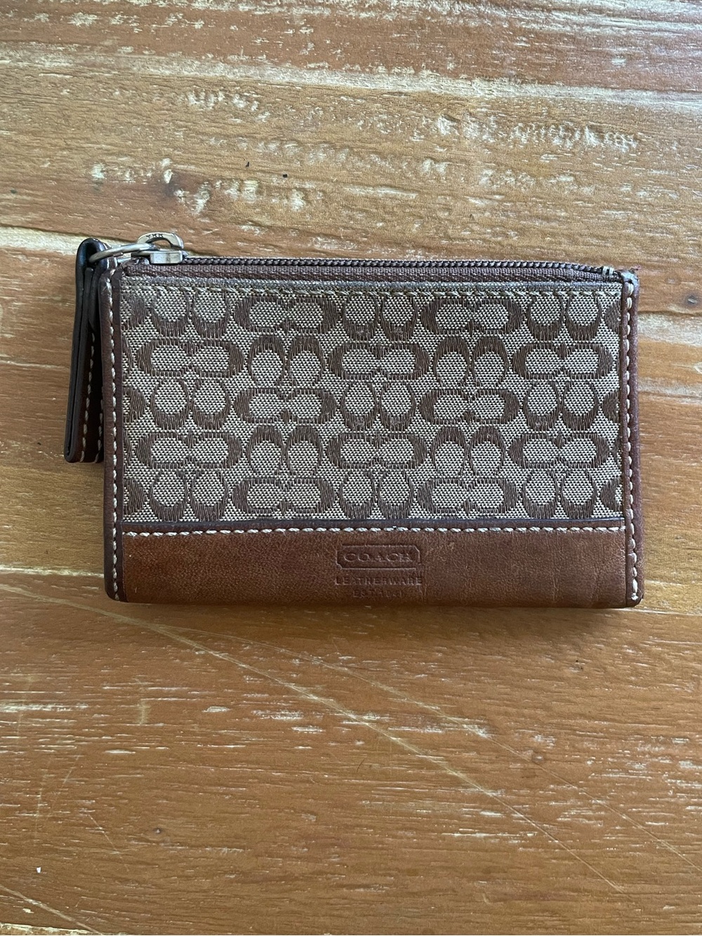 Coach Signature Brown Jacquard & Leather Zip Coin Purse Card Case Wallet Vintage